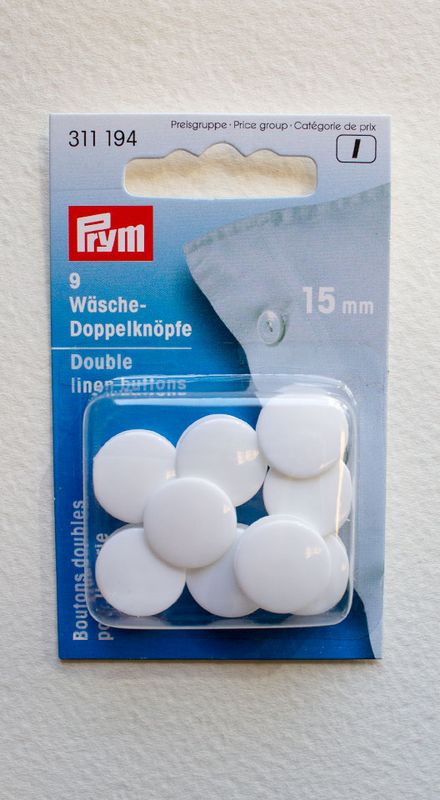 Prym 15 mm dobbel plastknapp, hvit 
